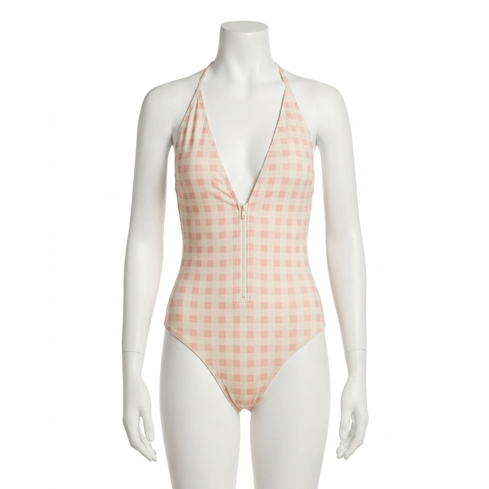 NEW FOR LOVE & LEMONS women's bonnie zip front one piece in light pink and white